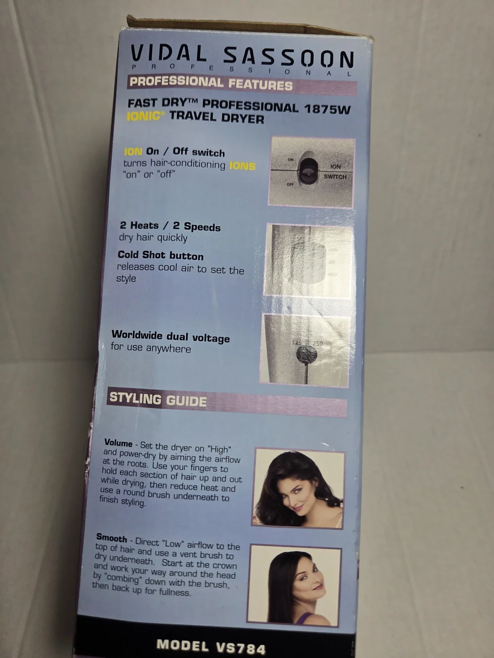 Vidal Sassoon VS784 1875W Travel Hair Dryer Ionic Dual Voltage Folding Handle